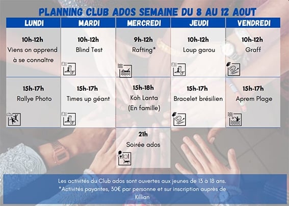 Programme d'une semaine d'animation au club ado du camping Saint-Disdille